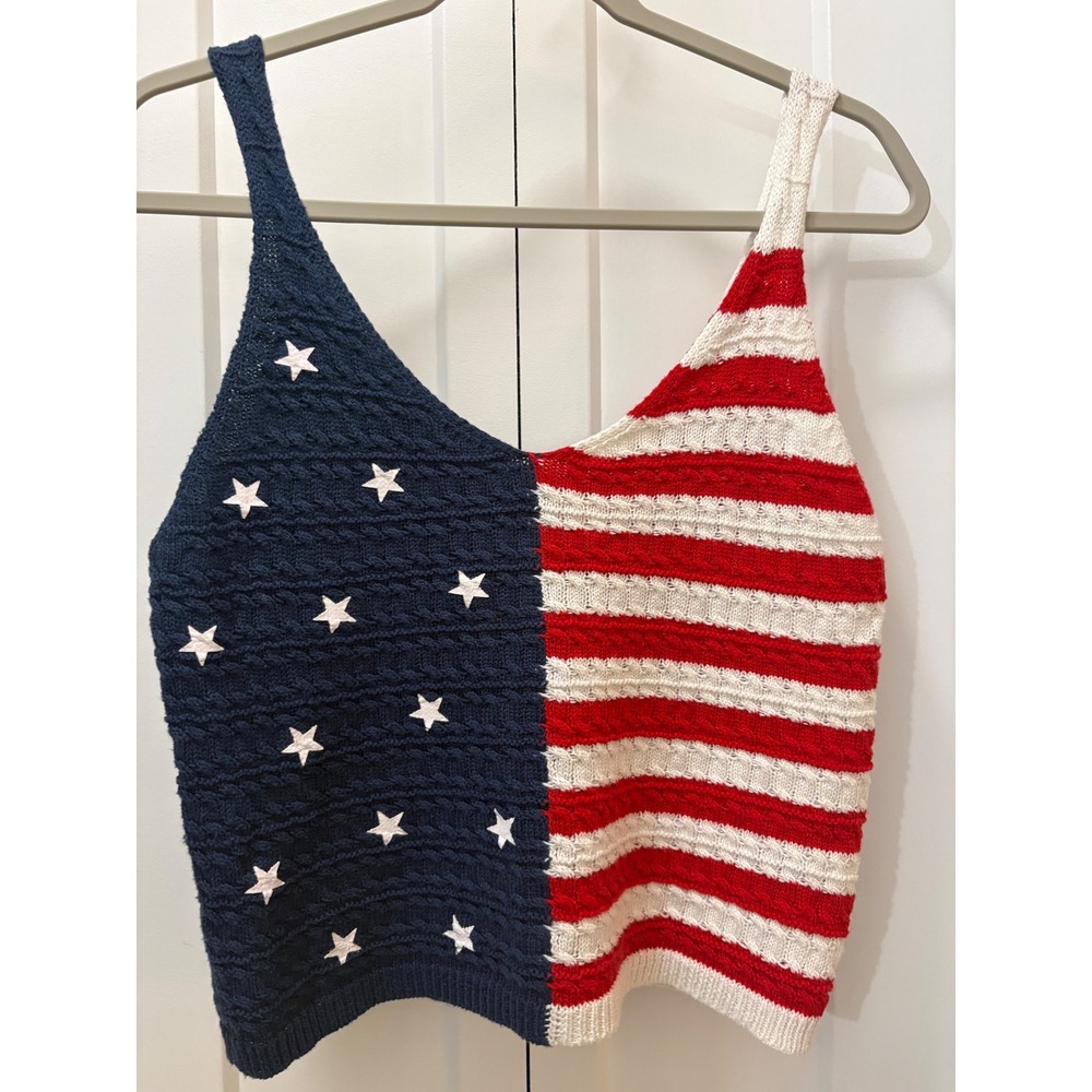 Moon & Madison American Flag Cable Knit Tank Top Stars Stripes Patriotic Medium